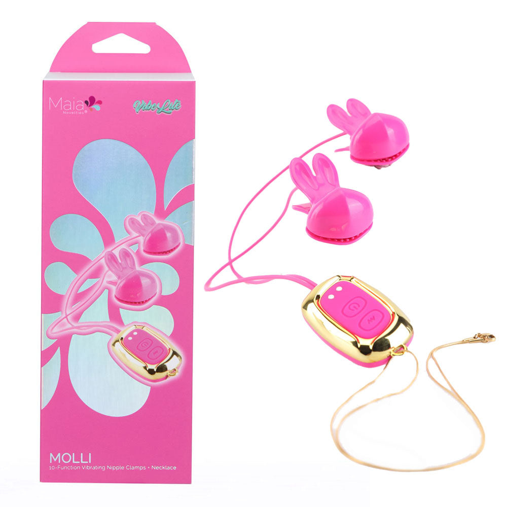 Maia MOLLI - Pink - Pink USB Rechargeable Vibrating Nipple Clamps & Necklace