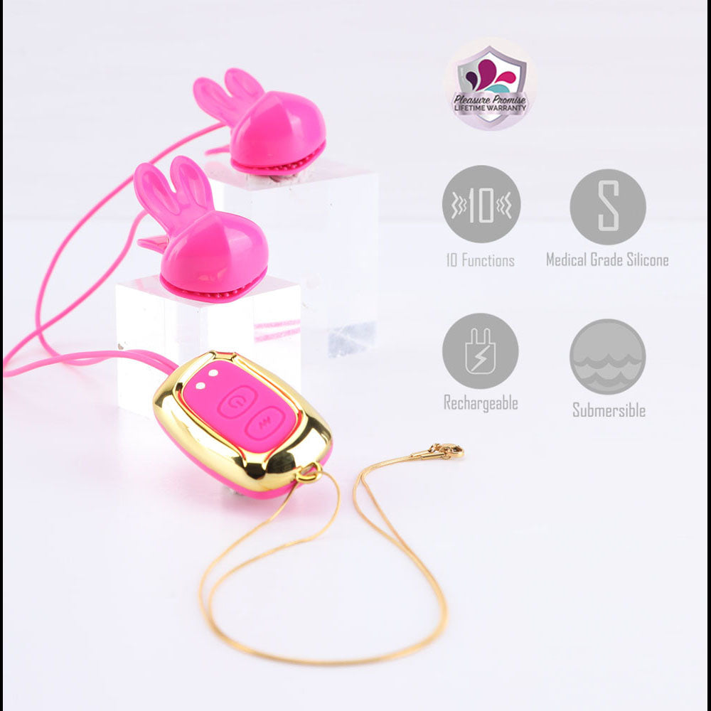 Maia MOLLI - Pink - Pink USB Rechargeable Vibrating Nipple Clamps & Necklace