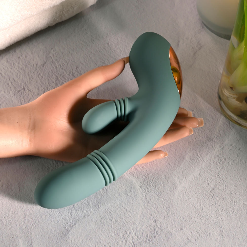 Evolved RUB ME TENDER - Green USB Rechargeable Gyrating & Thrusting Rabbit Vibrator