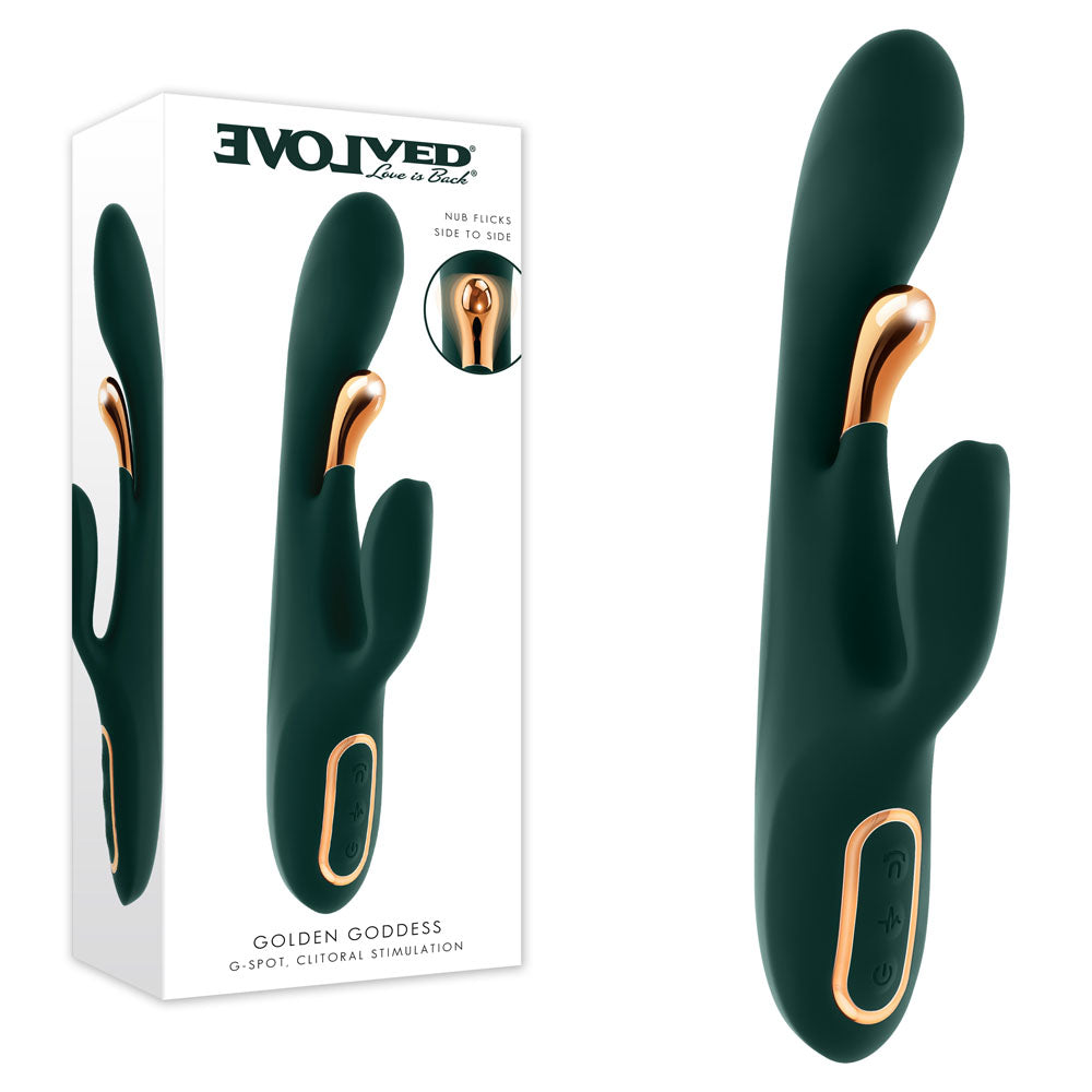Evolved GOLDEN GODDESS - Green USB Rechargeable Rabbit Vibrator with G-Spot Flicker