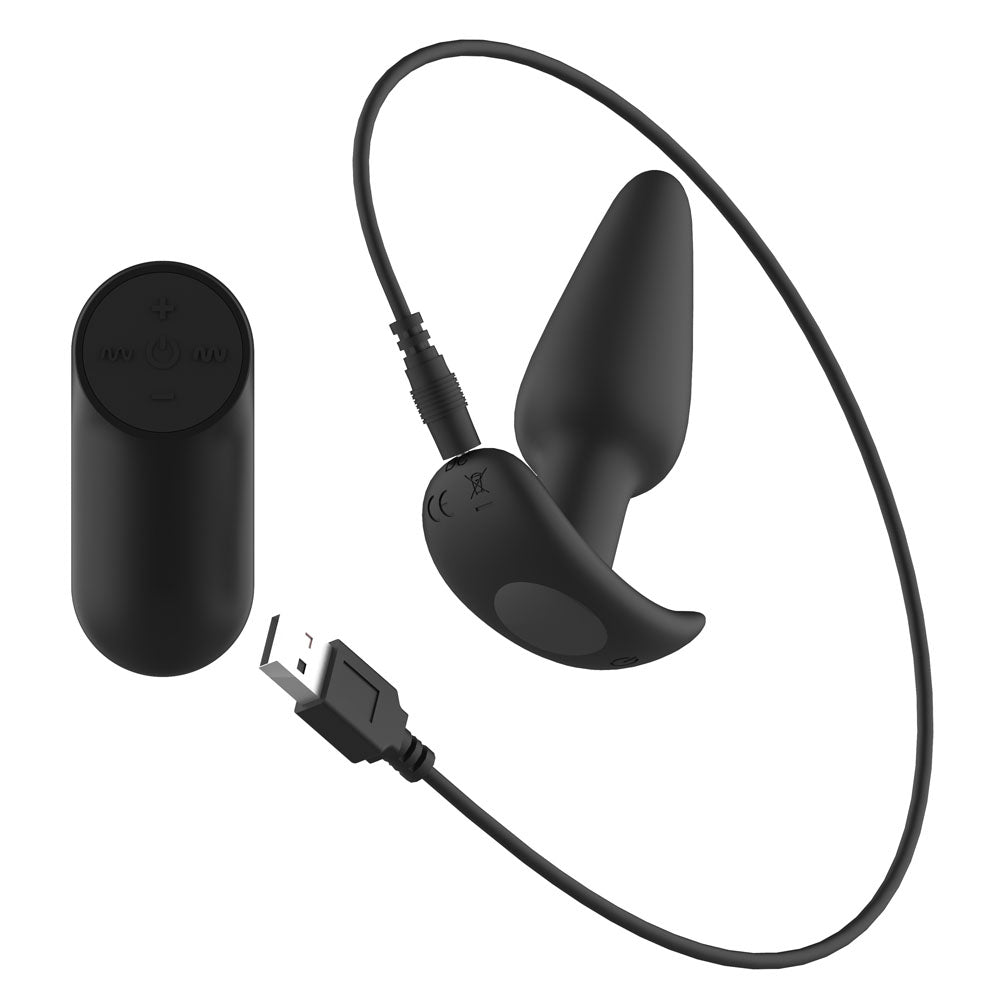 Passion Play Silicone Vibrating Butt Plug with Remote - Black 10.4 cm USB Rechargeable Vibrating Butt Plug with Wireless Remote