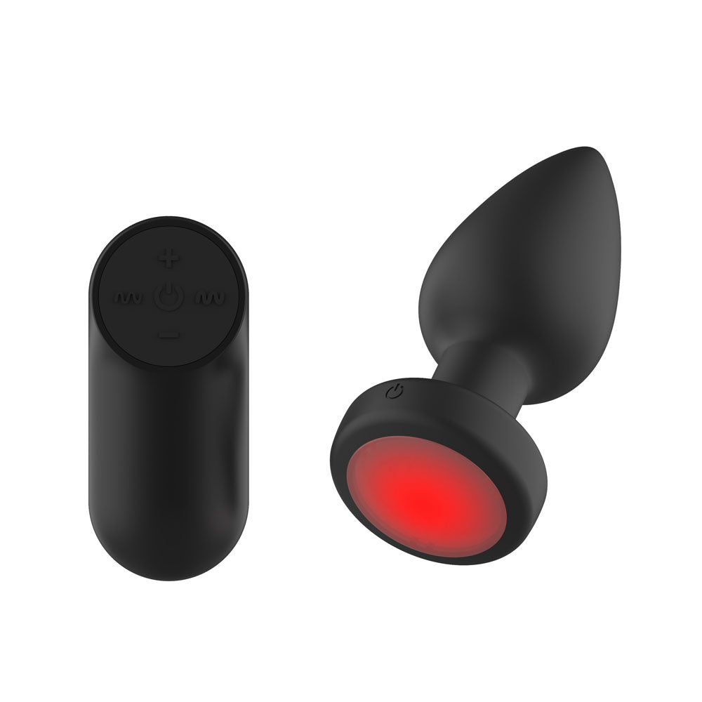 Passion Play Vibrating Butt Plug with LED Base - M - Black 10.4 cm USB Rechargeable Vibrating Butt Plug with LED Base and Wireless Remote