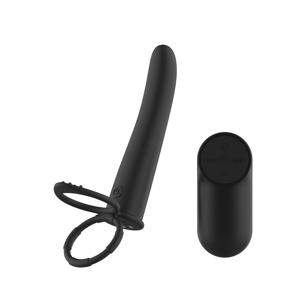 Passion Play Vibrating Double Penetrator with Remote - Black USB Rechargeable Vibrating Double Penetrator Cock Ring with Wireless Remote