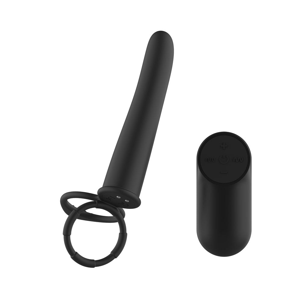 Passion Play Vibrating Double Penetrator with Remote - Black USB Rechargeable Vibrating Double Penetrator Cock Ring with Wireless Remote