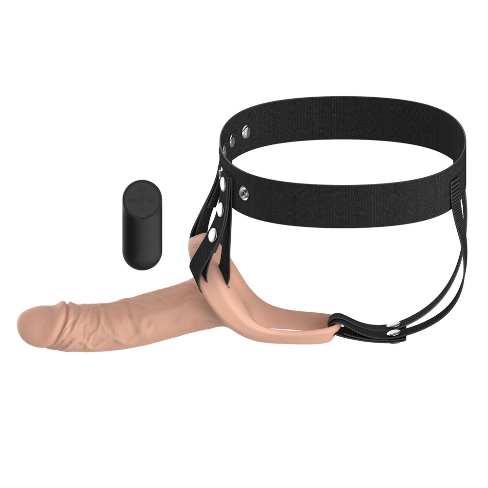 Passion Play Vibrating Realistic Hollow Strap-On - Flesh - Flesh 15.5 cm USB Rechargeable Vibrating Hollow Strap-On with Wireless Remote