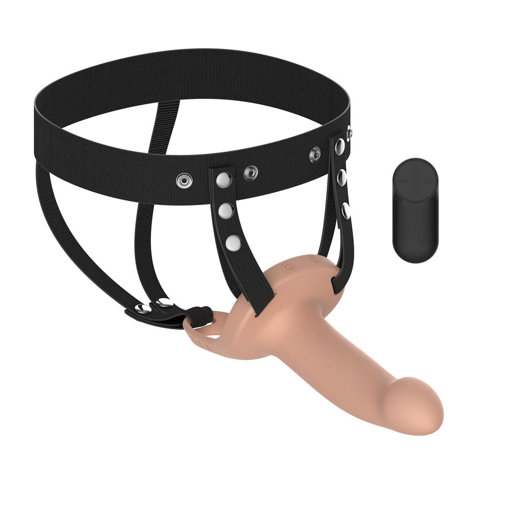 Passion Play Vibrating Smooth Hollow Strap-On - Flesh - Flesh 15.5 cm USB Rechargeable Vibrating Hollow Strap-On with Wireless Remote