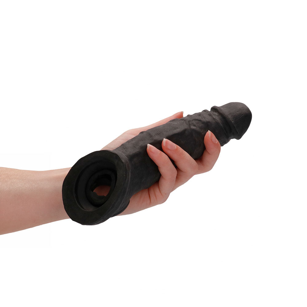 REALROCK 9'' Realistic Penis Extender with Rings - Black - Black 22.9 cm Penis Extension Sleeve