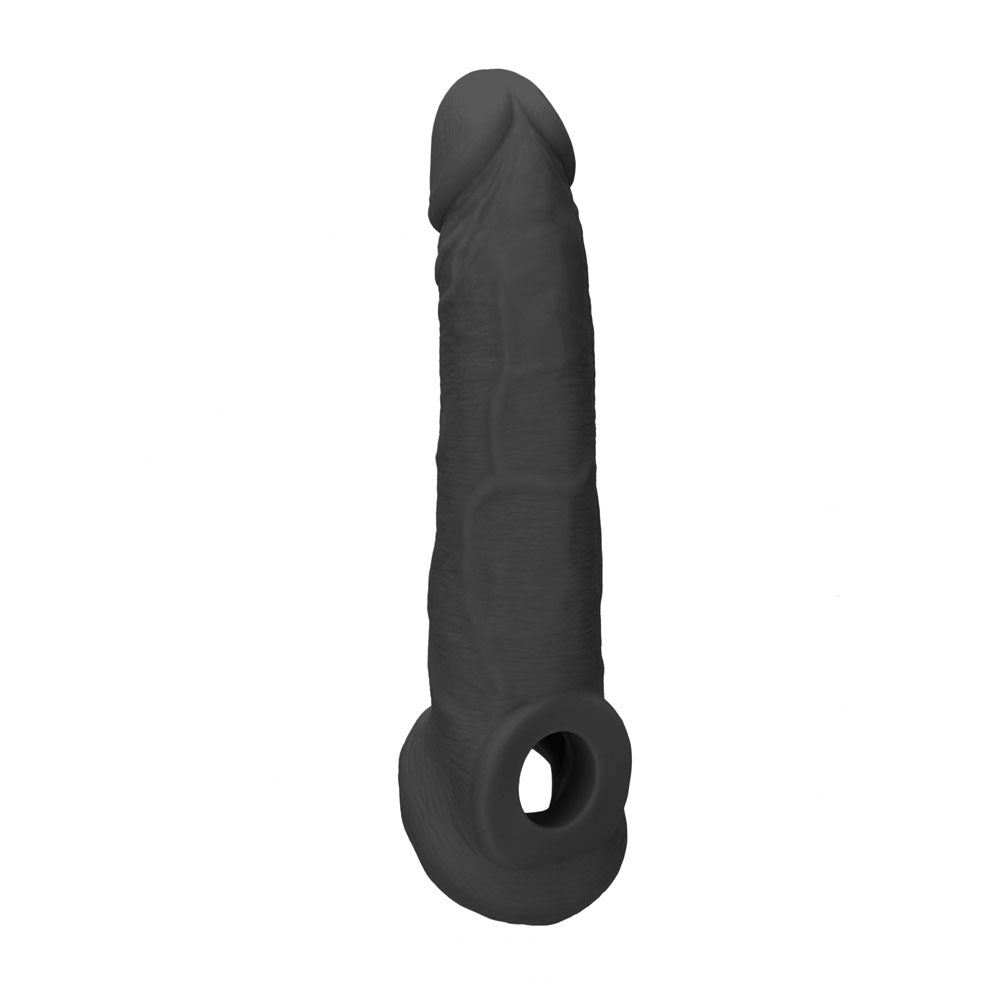 REALROCK 9'' Realistic Penis Extender with Rings - Black - Black 22.9 cm Penis Extension Sleeve