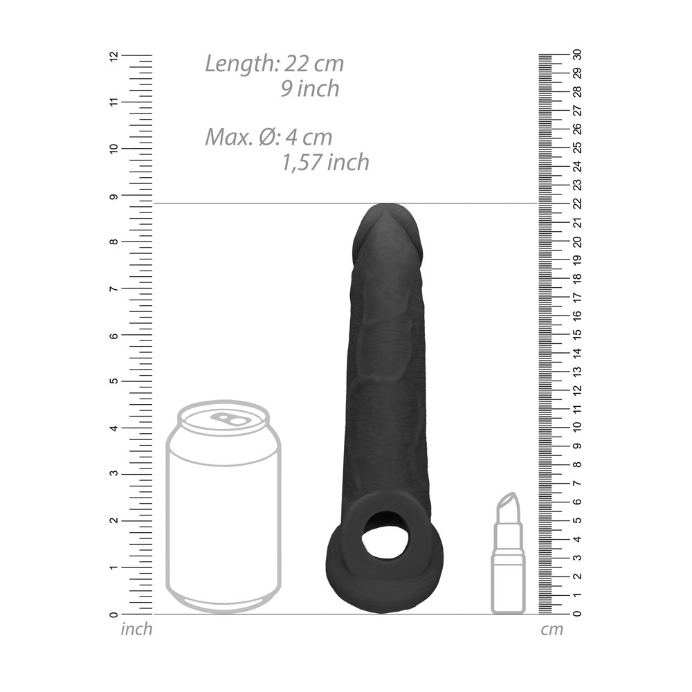REALROCK 9'' Realistic Penis Extender with Rings - Black - Black 22.9 cm Penis Extension Sleeve