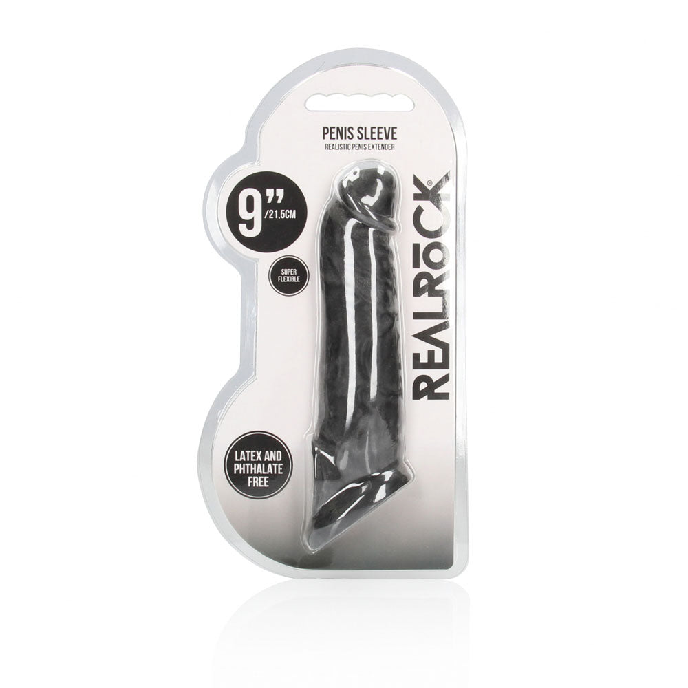 REALROCK 9'' Realistic Penis Extender with Rings - Black - Black 22.9 cm Penis Extension Sleeve