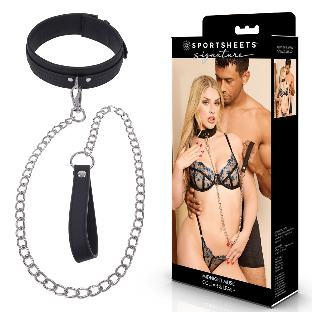 SPORTSHEETS Signature Midnight Muse Collar & Leash - Black Adjustable Restraint