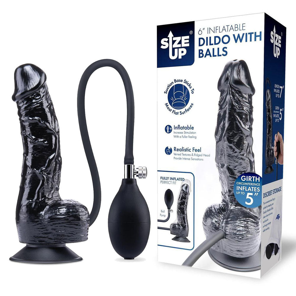 Size Up 6 Inch Inflatable Dildo with Balls - Black 17.8 cm Inflatable Dong